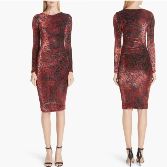Fuzzi Velvet Bodycon Cocktail Dress Red Sz XL Burn-out Leopard Pattern Shirred - Picture 1 of 10